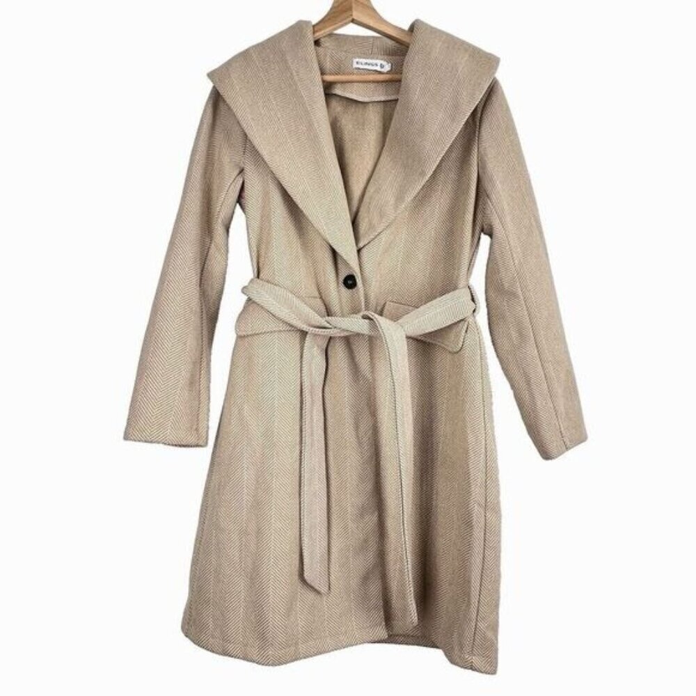 Elings Jacket belted tie trench coat womens winter cozy pockets beige sizes  M